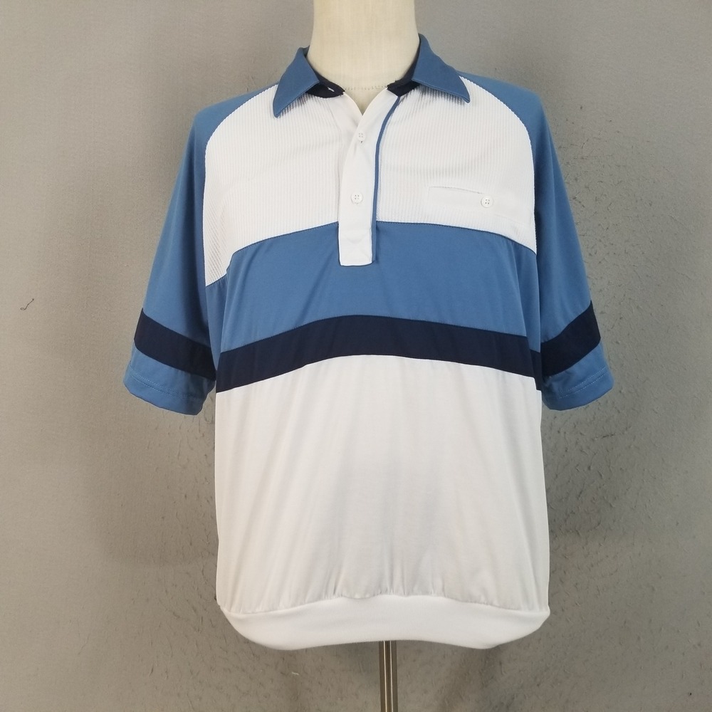 Palmland Polo Shirt Men Large White Blue Classics 6010-642 Vintage Banded Bottom